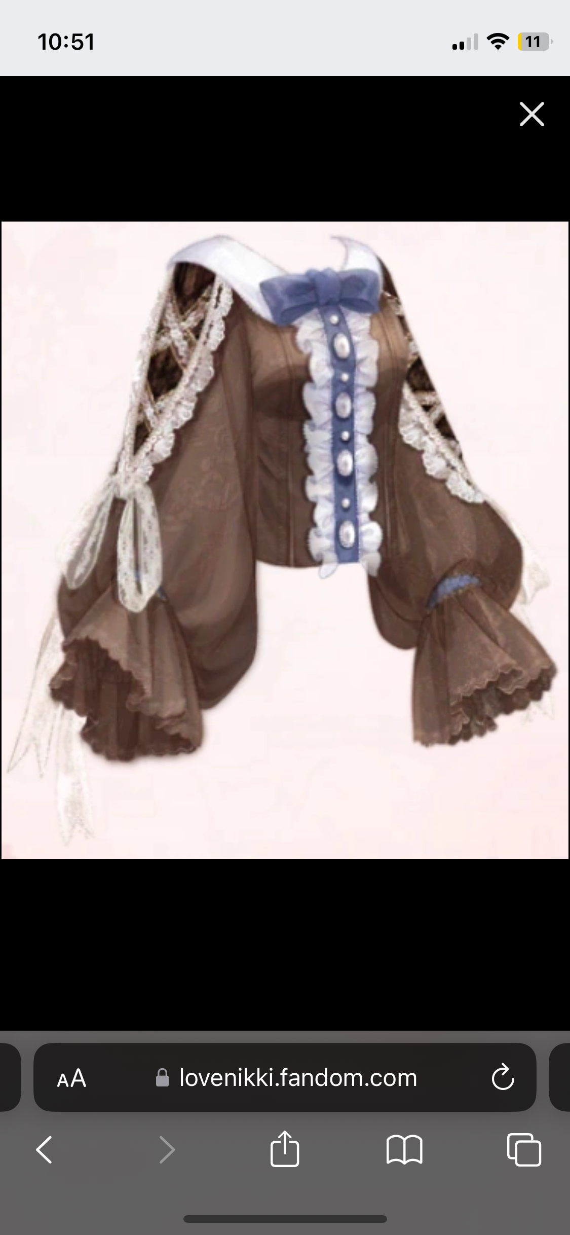 a digital illustration of a brown blouse. the blouse has balloon sleeves with crisscross lacing and pearl button details. it features a white collar with frilled edges, adorned with a small blue bow. the overall design emphasizes a blend of vintage and elegant aesthetics.