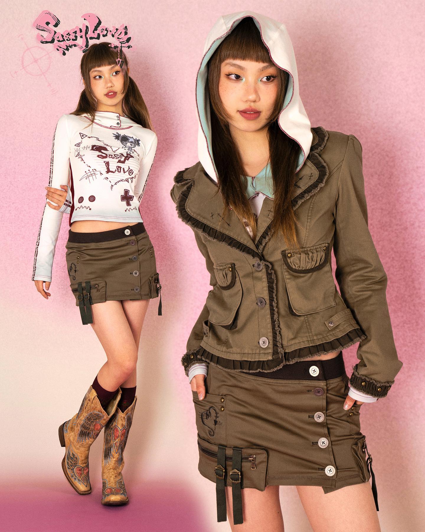 the image shows a fashion editorial featuring two models showcasing different outfits from the "sassy love" brand.  one model wears a cream longsleeve shirt with a graphic design and a brown cargo mini skirt, paired with cowboy boots. the other model wears an olive green militaryinspired jacket with ruffle detailing, featuring a cream hooded top underneath.  she is also wearing an olive green cargo mini skirt with embroidered details and buckle accents. both models display a mix of streetwear, lolita, and punk influences, with a focus on playful and edgy details in their clothing. the background is a soft pink, enhancing the overall aesthetic.