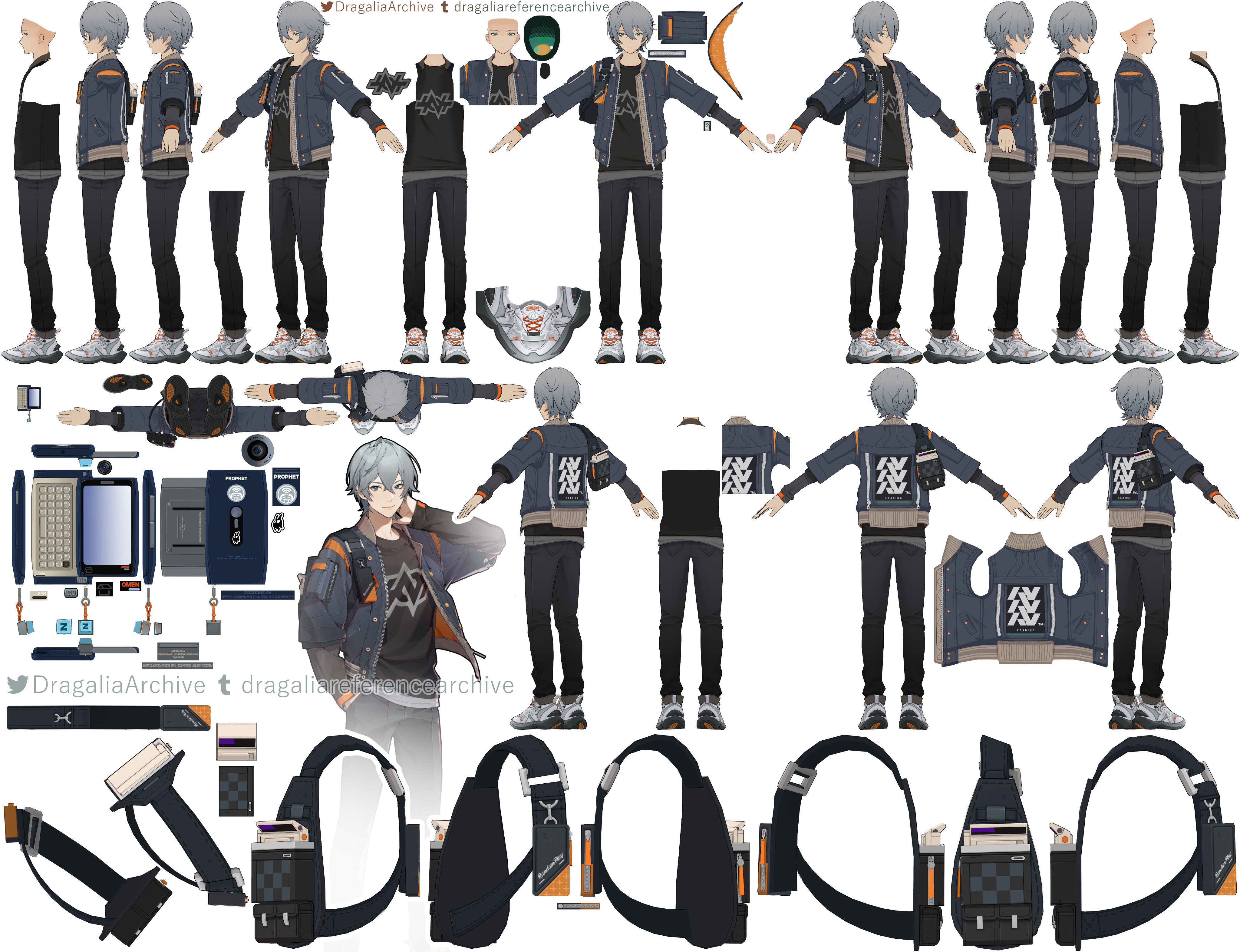 his image is a detailed model sheet for an animestyle male character. the sheet displays the character from various angles, showing different poses and clothing details.  it includes individual components of the character's outfit such as the jacket, pants, shoes, and bag, allowing for easy assembly and modification.  the style is clean and professional, suitable for video game development or animation. the character has gray hair and wears a blue jacket and dark pants.  various accessories and poses are illustrated.