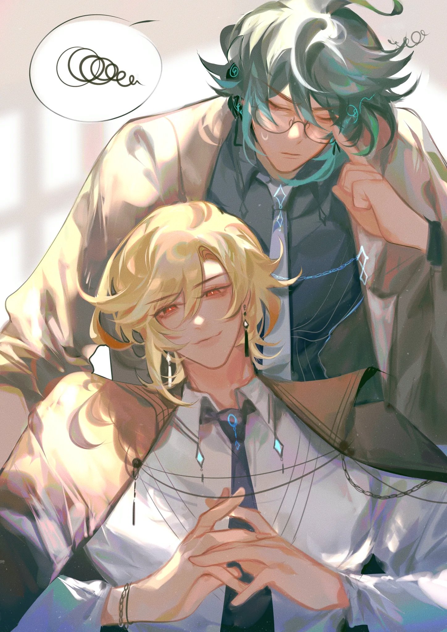 the image is a fanart depicting two animestyle boys in a close embrace. the boy with blonde hair is slightly shorter and is nestled into the other boy, who has teal hair and is wearing glasses.  they are both dressed in elegant, stylish suits, with ties and necklaces adding to the refined look. the overall style is soft and romantic, with pastellike colors and a gentle atmosphere. the scene is intimate and suggests a close relationship between the two characters.  the background is blurry and out of focus, drawing attention to the figures in the foreground. a thought bubble above the tealhaired boy shows a swirling scribble, possibly representing a thought or emotion.