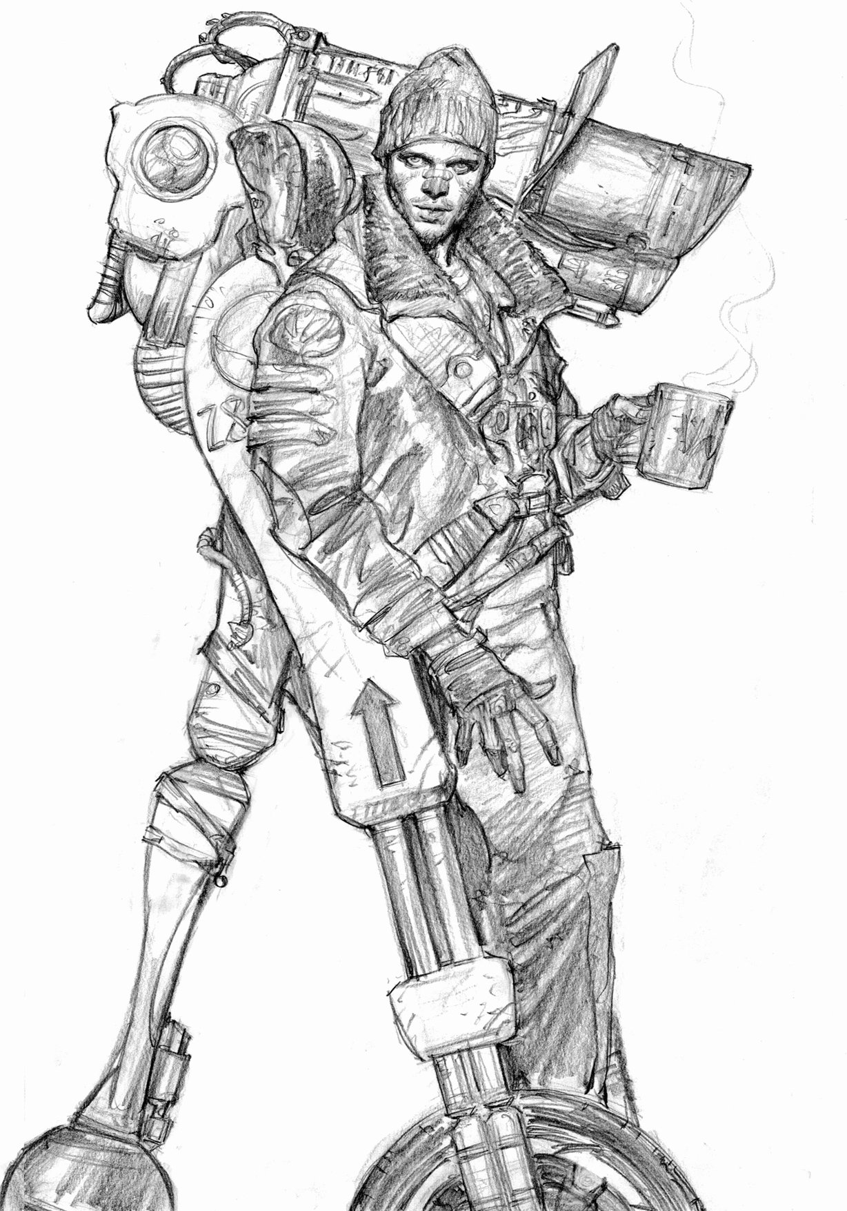a pencil sketch of a cyborg man standing with one arm extended.  he is holding a mug of coffee with steam rising from it.  he is wearing a beanie, jacket, scarf, gloves, and boots. he has a robotic arm with a futuristic weapon. he is standing on a metal platform or machine, that looks like a motorcycle, that has a large, round, robotic arm.