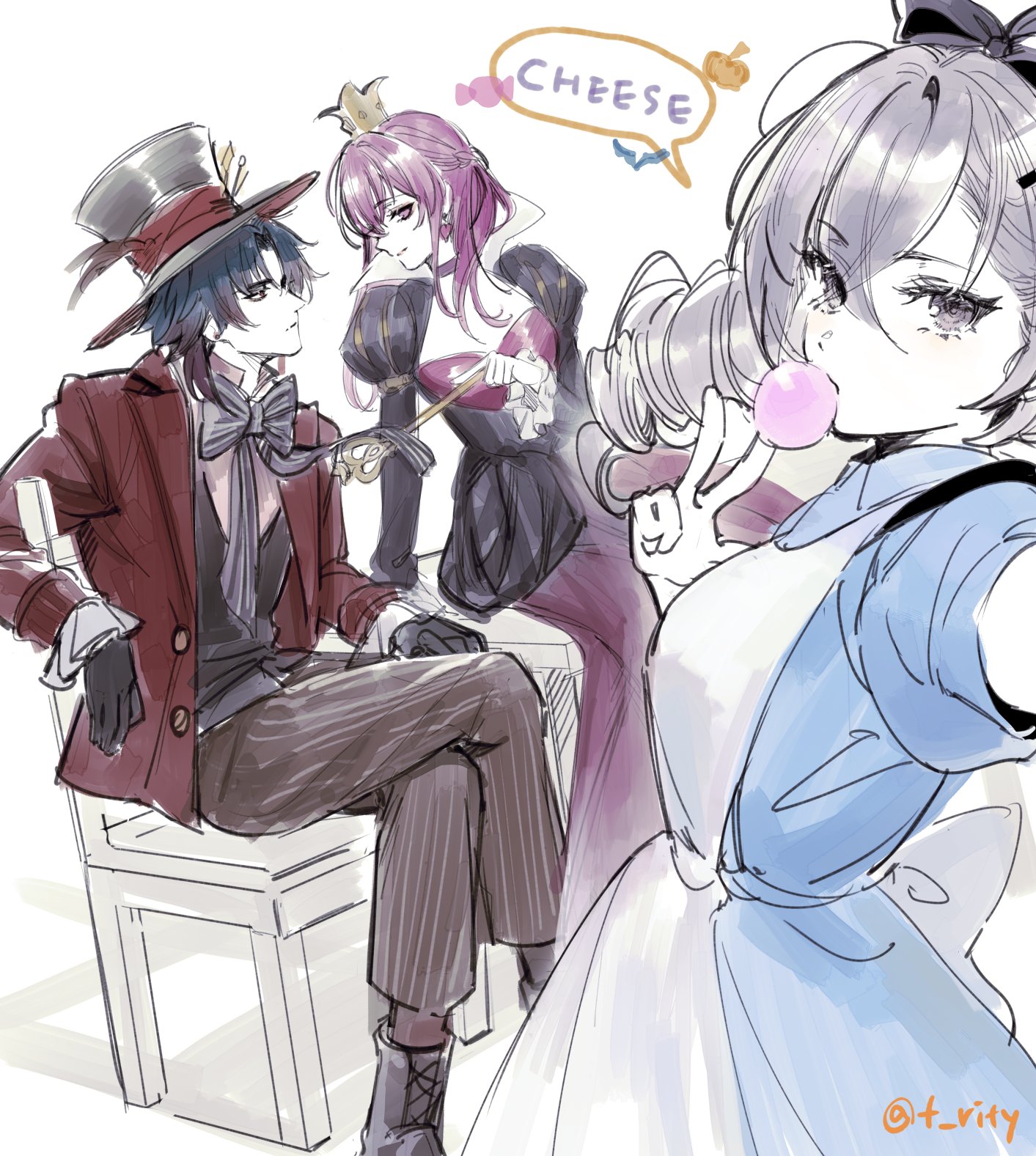 the image is a digital drawing/sketch in anime style depicting three characters seemingly cosplaying as characters from alice in wonderland.  one is dressed as the mad hatter (tall hat, red jacket), another as the queen of hearts (purple dress, crown), and the third as alice (light blue dress, white apron).  the alice character is taking a selfie, and a speech bubble near the queen of hearts says "cheese." the overall style is light, whimsical, and slightly sketchy, suggesting a quick and charming fan art piece.  the color palette is soft and pasteltoned.
