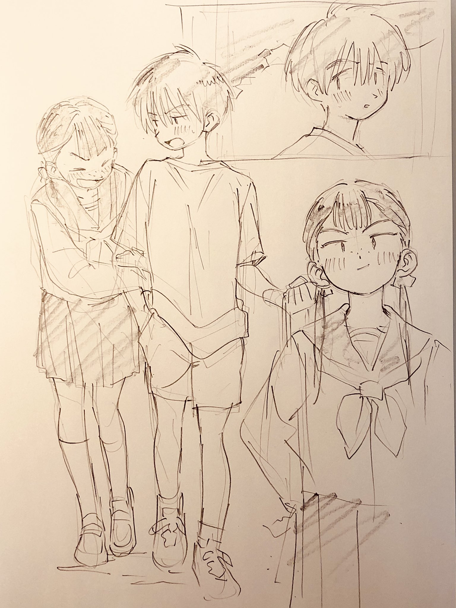 the image is a black and white sketch of three characters. the central figure is a boy who appears to be the object of affection for the two girls flanking him. the girls are depicted teasing and interacting with the boy, who seems shy and embarrassed. the setting and their uniforms suggest a school environment, hinting at a potential romantic narrative.