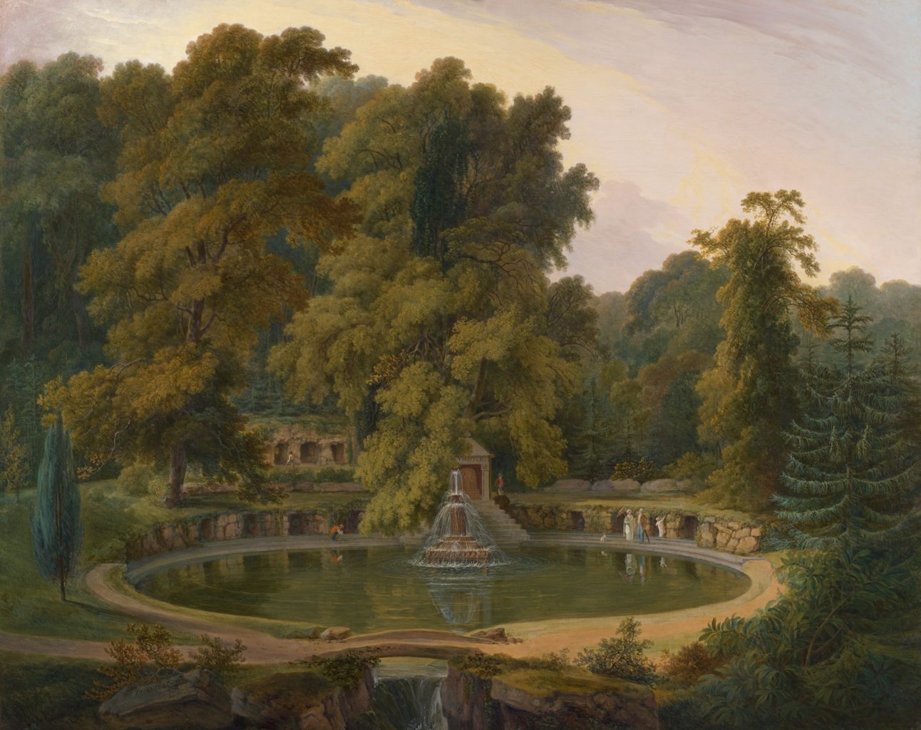this is a painting of a scenic park landscape. the main feature is a circular pond with a fountain in the center. around the pond, there's a stone embankment and a path. several people are strolling around the pond and near the fountain. the pond is surrounded by large, lush trees and greenery. in the background, there's a forest, and a waterfall flows under a small bridge in the foreground. the architecture is visible in the form of a small building with steps leading down to the pond. the overall scene conveys an idyllic and serene atmosphere.