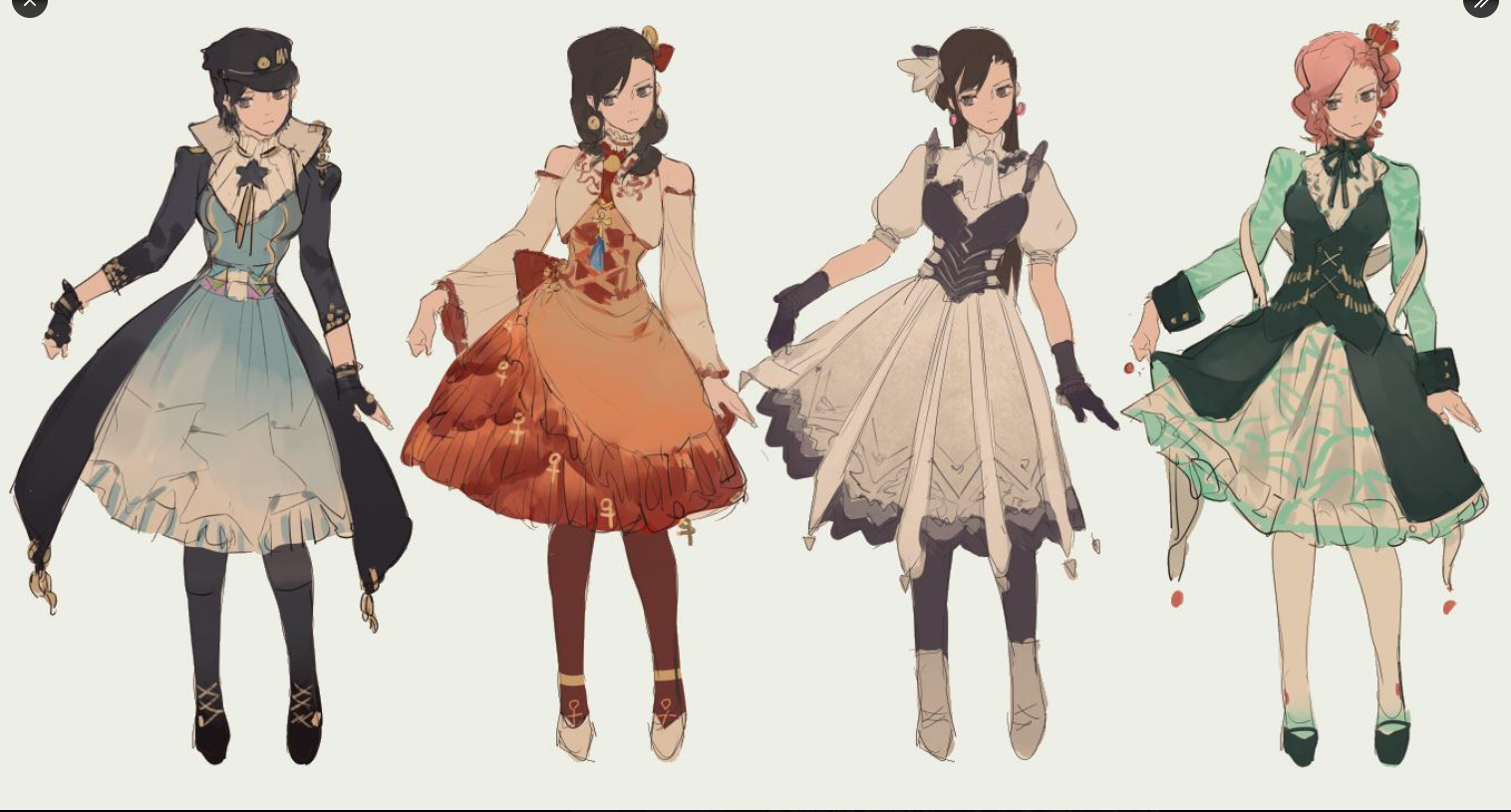 four female characters are displayed in fulllength illustrations, showcasing unique dress designs that blend victorian and lolita fashion elements. each character features distinct attire, hairstyles, and accessories, highlighting the creativity and diversity within the designs. the illustrations present clear front views, emphasizing the intricate details and overall aesthetics of each outfit.