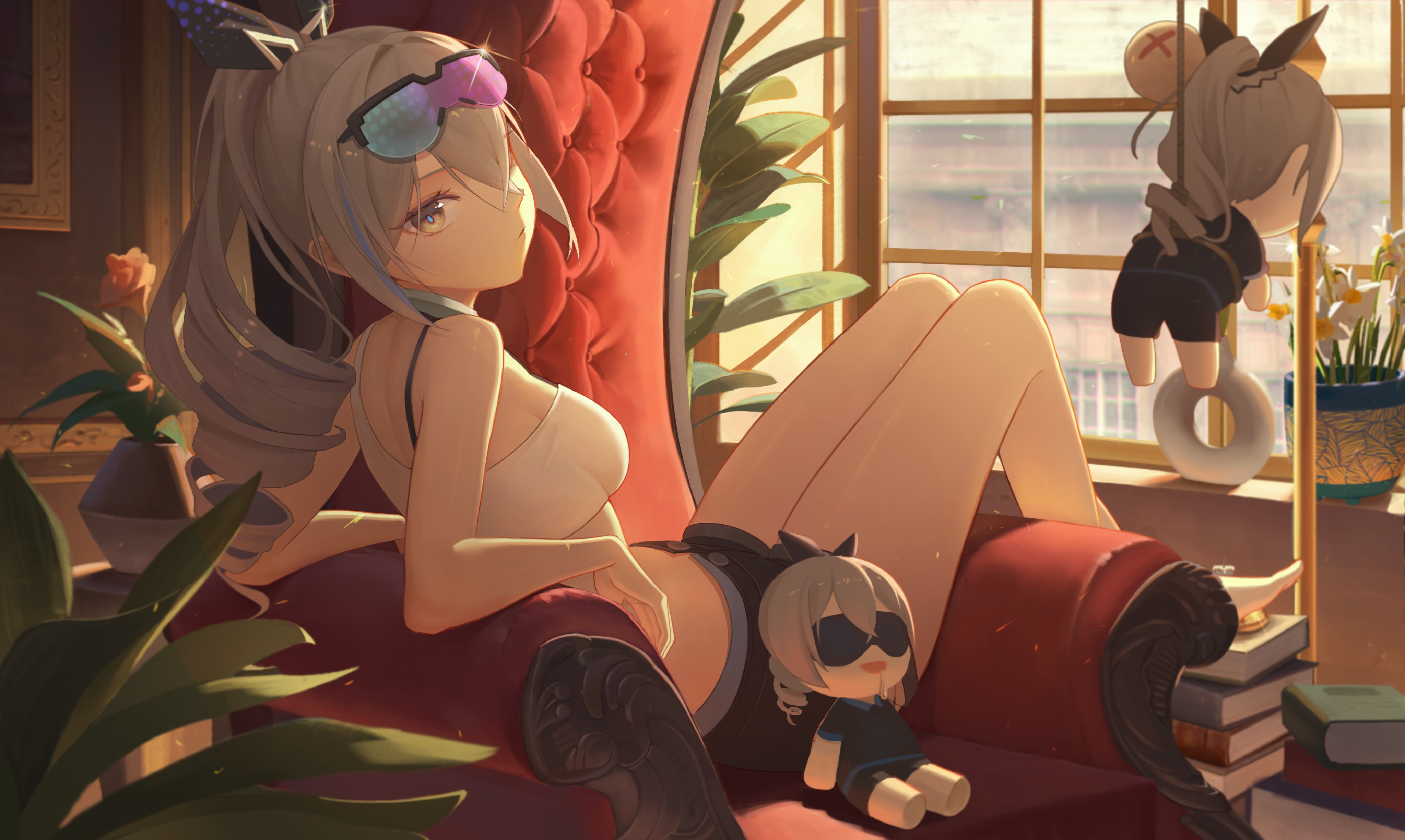 the image is a digital artwork depicting a cute anime girl with long grey hair and sunglasses, lounging comfortably in a red velvet armchair.  she's wearing a white crop top and dark shorts.  the room is sunlit, with a window showing a view of trees, and there are plants and books visible.  a small plush doll, resembling the girl but smaller, sits at her feet. the overall atmosphere is peaceful and relaxing. the art style is consistent with anime and manga illustrations.