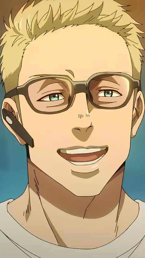 the image features a closeup illustration of a young man with a cheerful expression. he has short, spiky blond hair and striking green eyes that are accentuated by his rectangular glasses. a small, black communication device is subtly placed on his right ear. his broad smile reveals a set of perfectly aligned teeth, contributing to his overall friendly and approachable demeanor. the background is a soft, undefined blue that gradually transitions to a pale yellowgreen, drawing focus to the subject's face.content: portrait people: man environment: indoor lighting: soft lighting perspective: closeupkw: anime, manga, blond hair, glasses, smile, friendly, approachable, communication device