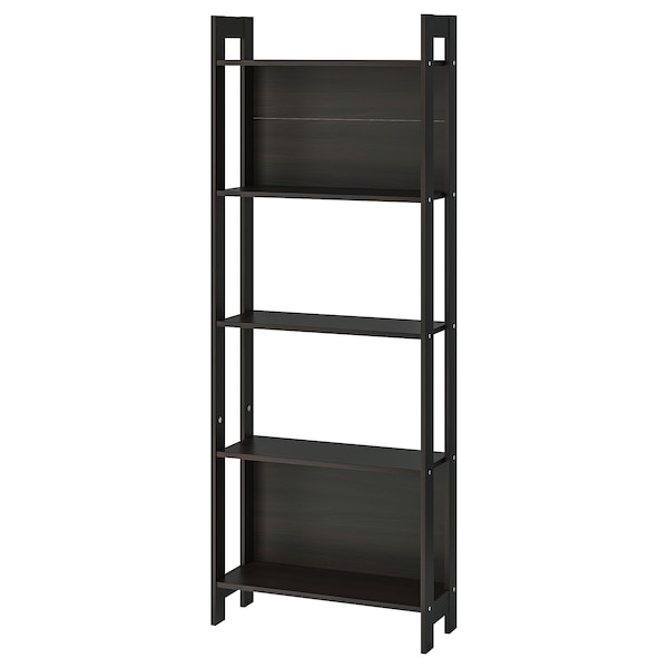 a dark brown wooden bookshelf stands tall against a white background. the bookshelf has five shelves, with the top and bottom shelves having a full back panel, and the other shelves being open in the back. the frame has a square design at the top, and the overall style is simple and modern.