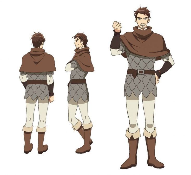 the image shows an anime male character in three different views, front, side, and back. he has brown hair, brown eyes, and a beard. he is wearing a brown cloak over chainmail armor, white pants, and brown boots. he is standing on a white background.
