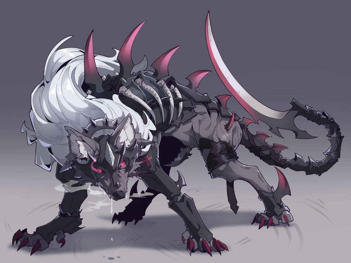 a digitally drawn fantasy creature resembling a wolf is depicted in a menacing pose. it has a dark color scheme, with armor plating and spines along its back. the creature has a white mane, red glowing eyes, sharp claws, and fangs. its tail ends in a swordlike blade. drool is dripping from its mouth. the overall impression is of a powerful and dangerous beast.