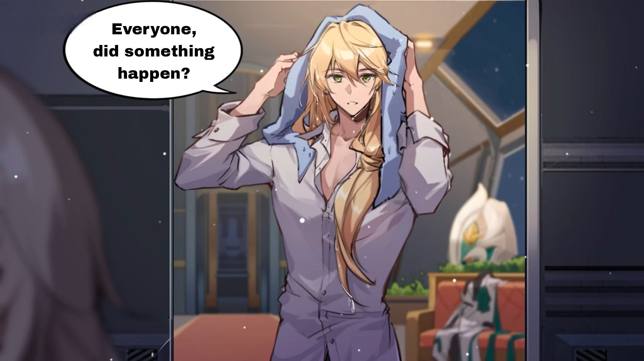 an anime man with blond hair is looking worried and concerned. he is wearing a white shirt and has a towel over his head. he is standing in a room with a door in the background, and he is looking towards the door. a speech bubble above his head says "everyone, did something happen?". the background has some snow effect.