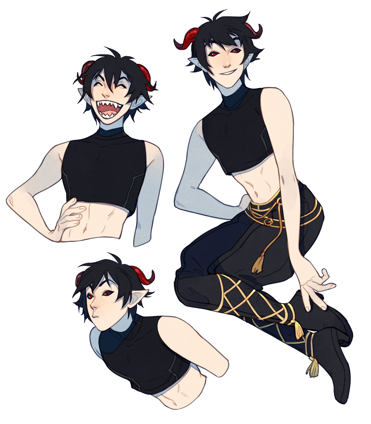 a digital illustration of an original character in four different poses against a white background. the character is a paleskinned man with short black hair, red horns, and pointed ears. he has sharp teeth and is wearing a black sleeveless turtleneck crop top, black pants with gold detailing, and black boots with gold tassels.  he is smiling in two of the poses, laughing with his mouth open in one, and has a neutral expression in the last.