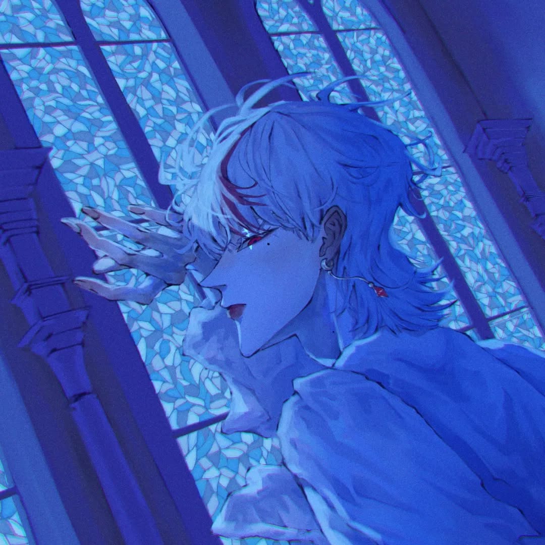 the image is a digital painting or illustration in a stylized anime or fanart style. it depicts a young man with white hair that has a distinct red streak. he has pale skin and is wearing a flowing, lightblue/purple outfit. he's leaning against a large stainedglass window with a gothicstyle frame. the overall color palette is cool, dominated by shades of blue and purple, creating a dreamy and ethereal atmosphere. the young man's expression is pensive and slightly melancholic, and his pose suggests introspection.  the setting and his attire suggest a fantasy or gothicinspired scene.