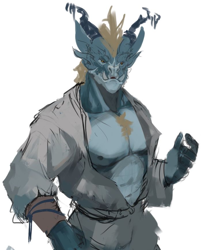 this is a digital illustration of a blue dragon anthro. it's a humanoid creature with a blue scaly skin, a large muscular chest, yellow fur on its head and chest, and a pair of sharp horns. it has a white shirt on and is standing with its left arm stretched out and looking forward. the background is white.