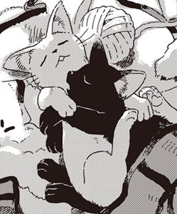 the image is a closeup grayscale panel from a manga or animestyle comic. it depicts two cats intimately cuddling. one cat is predominantly white with light gray markings and has a bandage wrapped around its head, suggesting an injury. the other cat is black.  they are nestled together, appearing relaxed and possibly asleep. the style is detailed, with textured shading and linework that gives depth to the fur and folds of the fabric. the overall mood is peaceful and intimate.