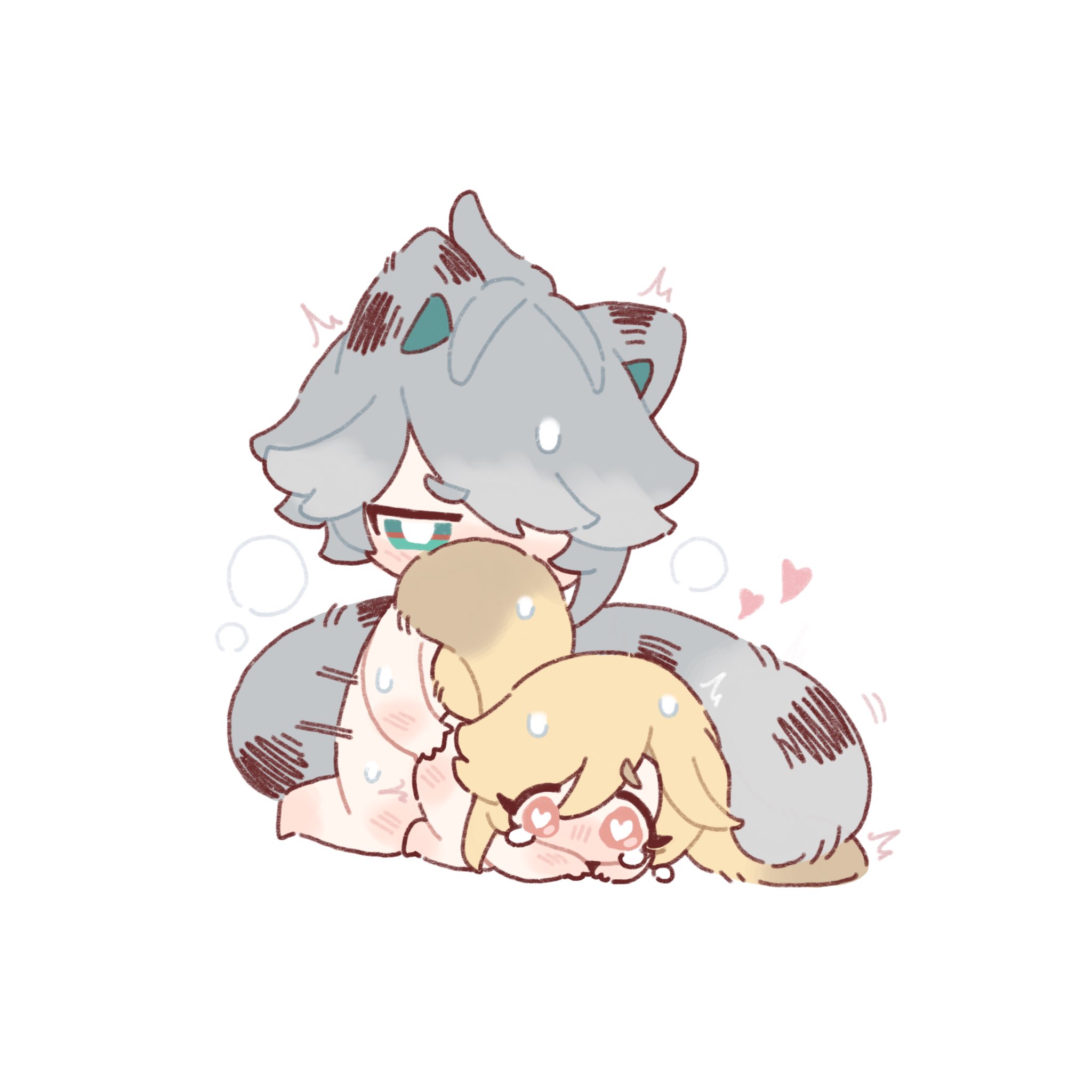 he image is a cute animestyle drawing of two chibi characters. one character has grey hair and raccoonlike ears, while the other has blonde hair. the greyhaired character is hugging the blondehaired character, who looks happy and slightly embarrassed.  the style is very soft and features gentle lines and pastel colors. hearts are subtly drawn around the characters, emphasizing the affection between them.  the overall impression is one of warmth and tenderness.