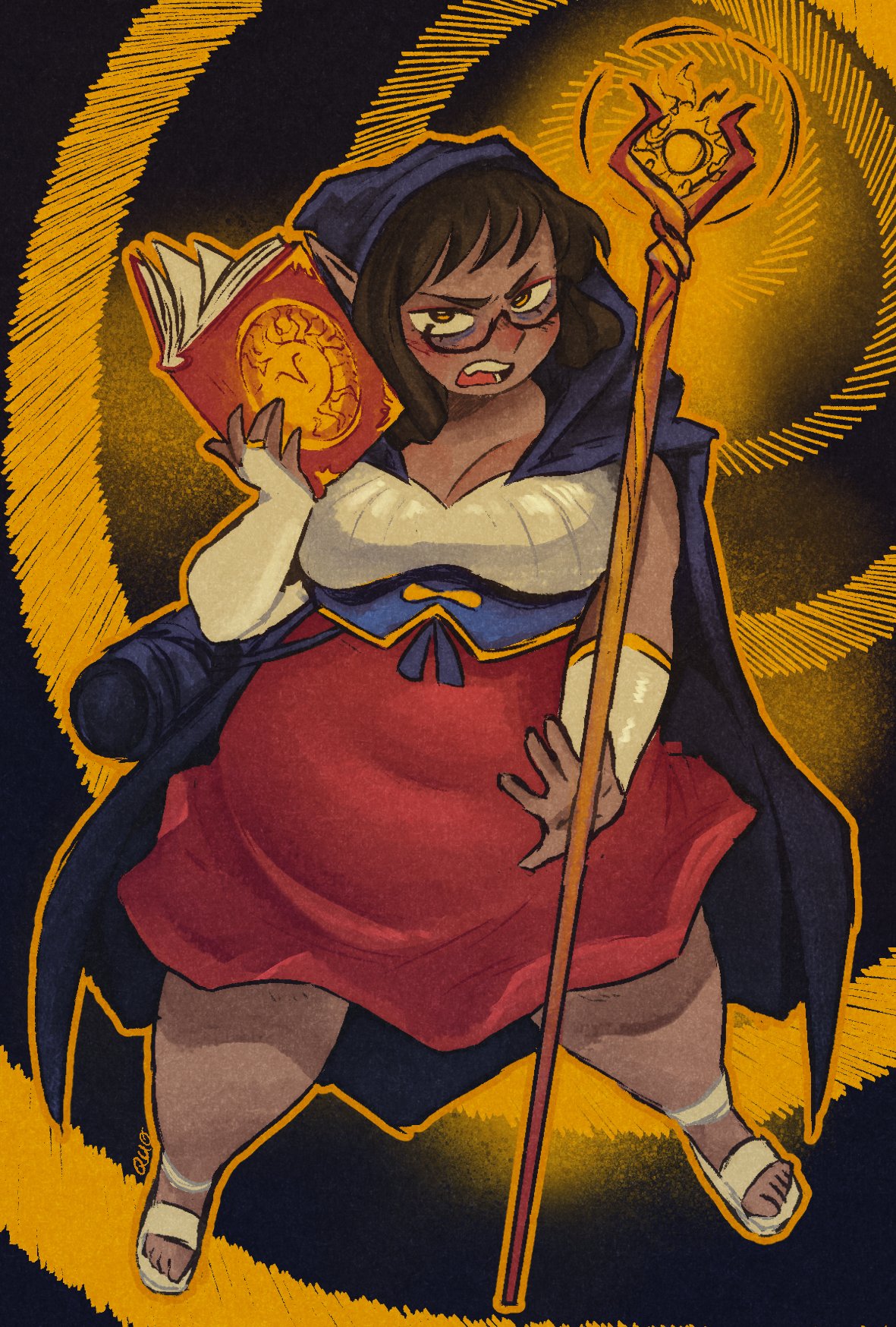 a grumpylooking, darkskinned elf wizard with brown hair and pointy ears stands against a swirling vortex of yellow and black. the wizard is chubby and wears a white shortsleeved top, red skirt, and dark purple robe. they are holding a magical staff in their right hand and a red spellbook in their left. the staff is topped with a golden sun symbol, which also appears on the book. the wizard wears white sandals on their feet.