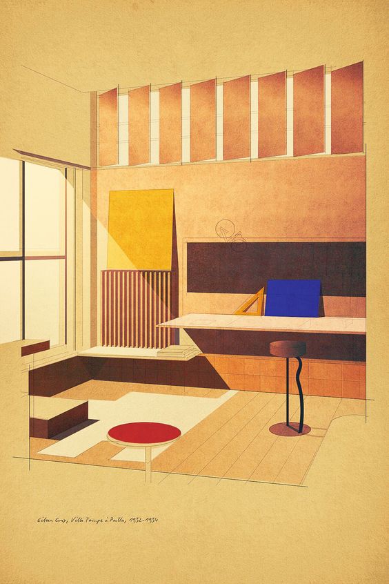 a minimalist illustration of an interior space, depicting a room with a large window, a table with a chair, a yellow square painting, and a brown rectangular structure. the floor is rendered in a wooden pattern. the drawing style is geometric and abstract, emphasizing the clean lines and simple forms characteristic of modern architecture. the image likely represents a design concept or plan for the space.