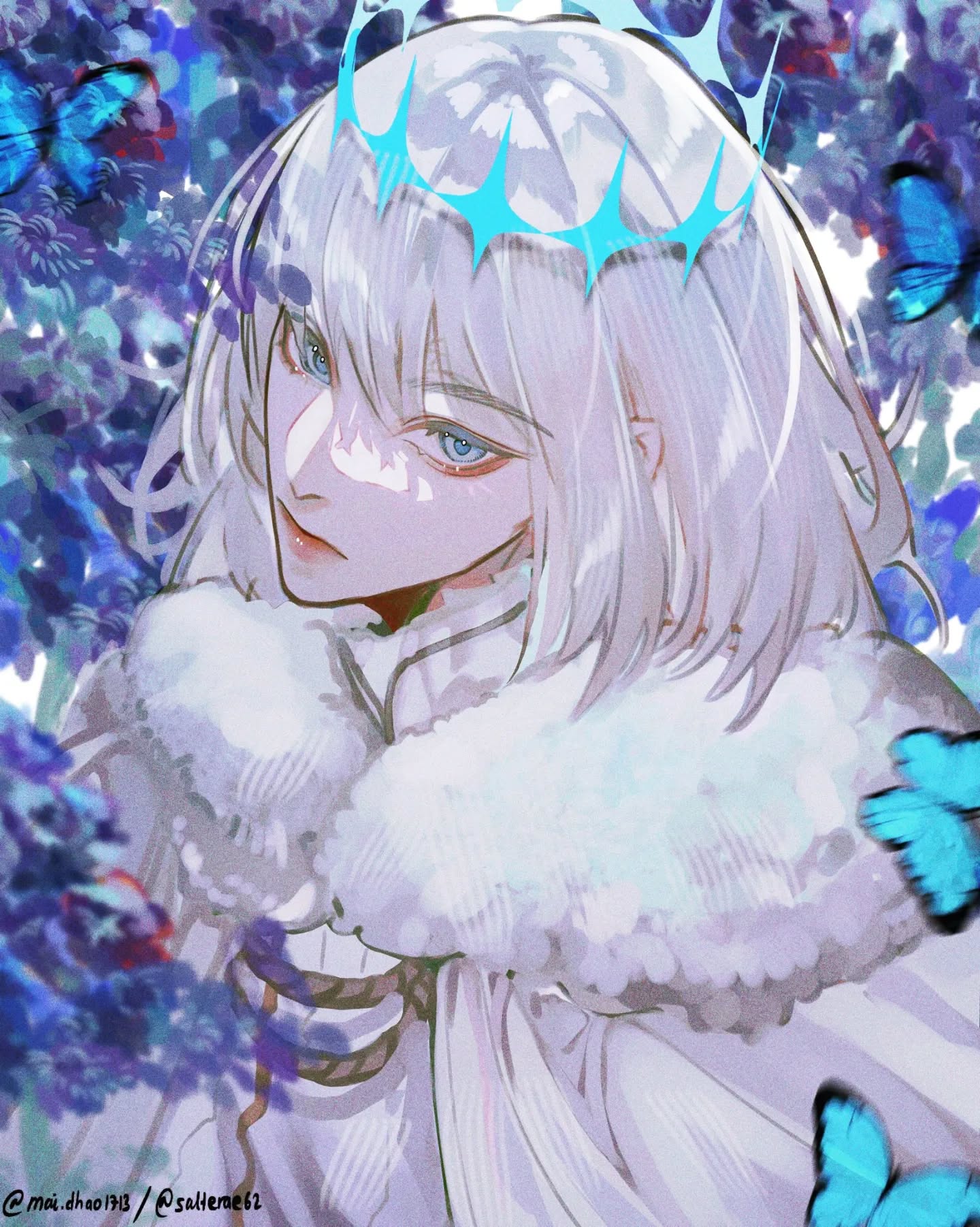 the image is a digital painting or illustration, likely fanart, depicting a young woman or girl with long, flowing white hair and a crown of light blue, pointed accents. she's wearing a white coat or robe with a fluffy, lightcolored fur collar.  the background features a soft focus of purple and blue flowers and several light blue butterflies. the overall style is soft, pastel, ethereal, and elegant. the artist's tags (@mai_dhao113 / @saliemes2) are visible in the bottomleft corner.  the art style appears to be inspired by anime or manga.