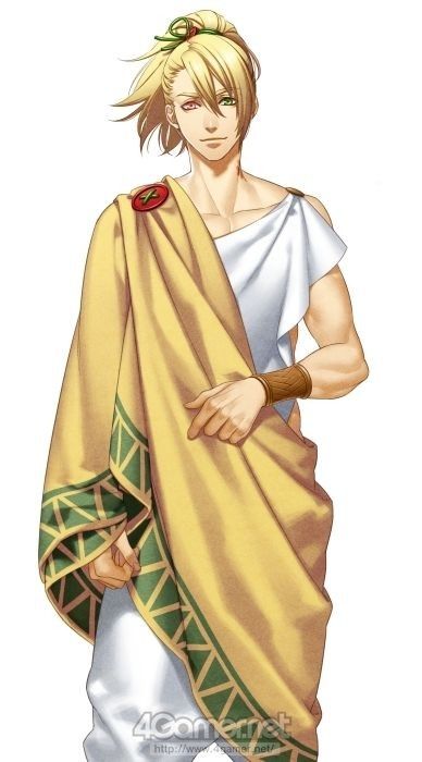 he image is a digital painting or illustration of a young, handsome anime or manga style male character. he has blond hair styled in a loose bun or ponytail and is wearing a togalike garment reminiscent of ancient greek clothing. the toga is predominantly gold or beige with green and brown geometric border designs.  he has fair skin and striking, expressive eyes. the overall style is clean, elegant, and slightly stylized, suggestive of artwork for a game or visual novel, perhaps an otome game given the character's features. a small red emblem is visible on his shoulder. the background is plain white, focusing attention on the character.