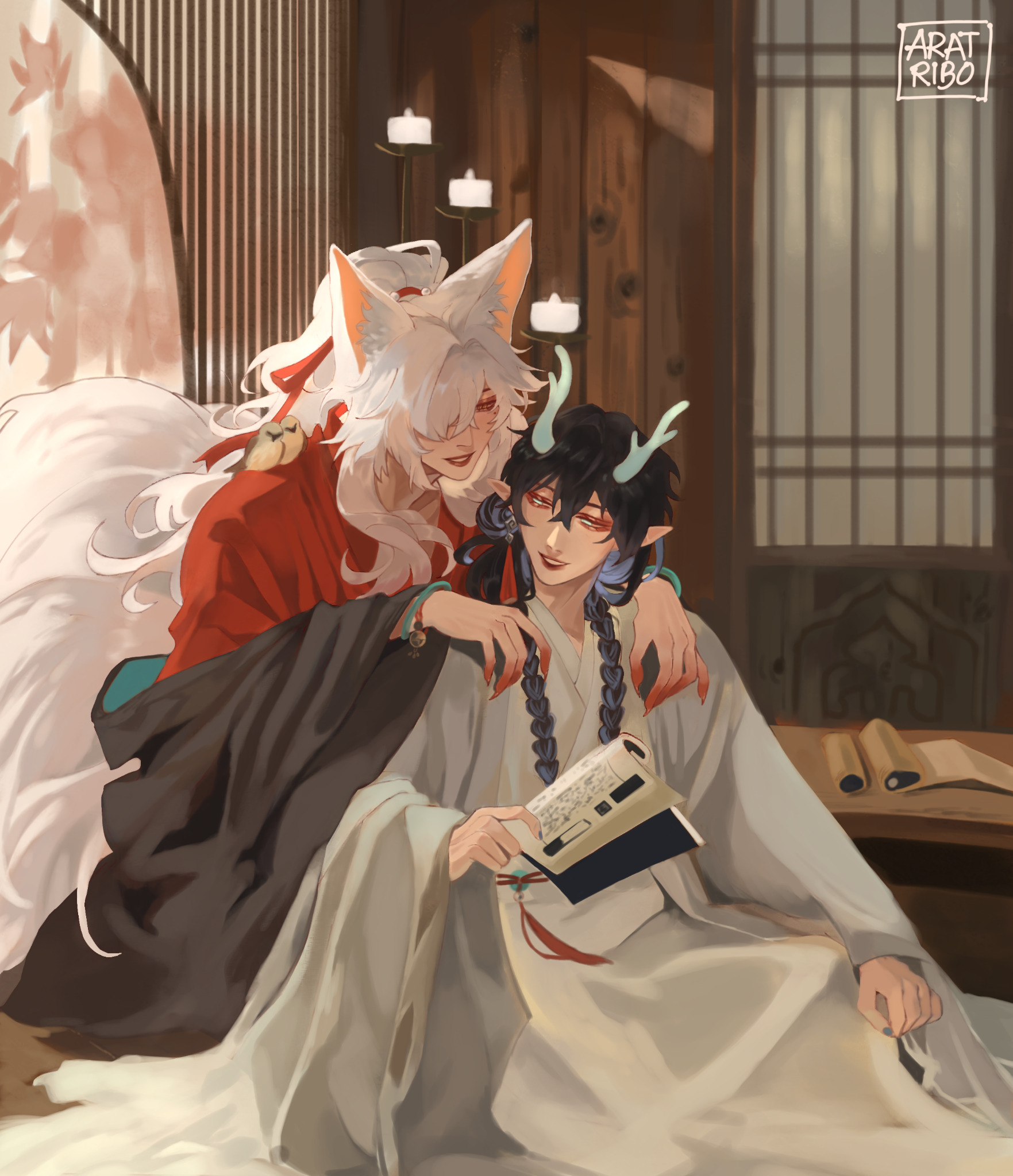 a digital painting of two anime boys. the boy on the left is wearing a red and black outfit and has white fur around his head and neck. he is sitting with his arms around the other boy, who is dressed in a white robe and has black hair with blue horns. the boy on the right is sitting and reading a book. the background is a simple illustration of a traditional asian building. the painting is very colorful and detailed, and the characters have a lot of personality.