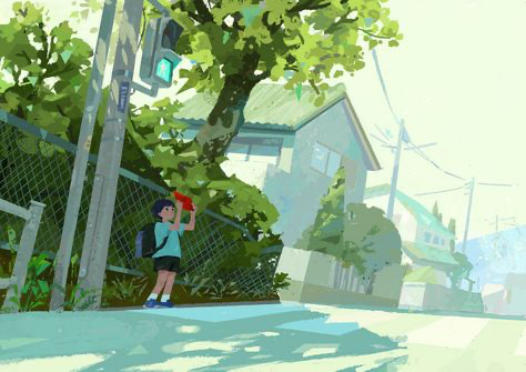 a digital illustration of a street in a japanese cityscape. the street is lined with trees and houses, and there is a boy walking down the sidewalk. the sky is cloudy and the sun is shining. the artwork is in a cartoon style and has a warm, inviting feel.