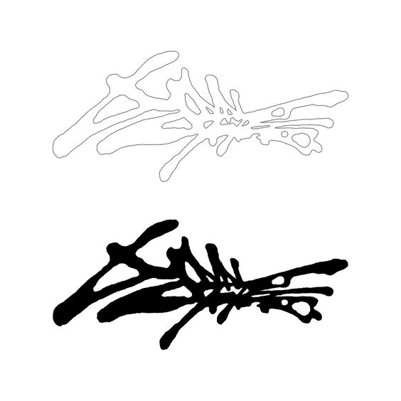 the image shows two versions of the same abstract line drawing. one is a black outline on a white background, while the other is filled in with solid black. the design resembles a splash or splatter, with lines extending outwards from a central point.