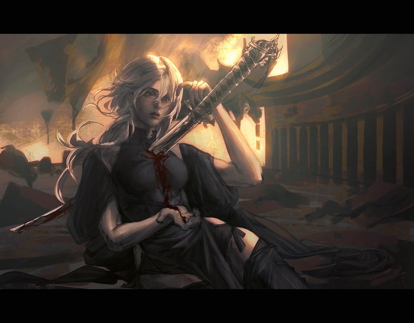 a wounded female warrior, clad in dark attire, is slumped against the ruins of a grand temple. her long, silver hair cascades around her as she clutches a bloodied sword. warm, dramatic lighting illuminates the scene from behind, casting long shadows and highlighting the dust motes in the air. a sense of sorrow and defeat permeates the image.