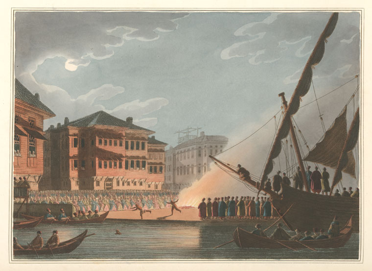 an illustration depicts a vibrant scene on a waterfront. a large sailboat is prominently featured with numerous people aboard. on the shore, a large crowd has gathered, and two figures are running towards the water. buildings stand in the background, and several smaller boats are on the water, adding to the lively atmosphere of the harbor.