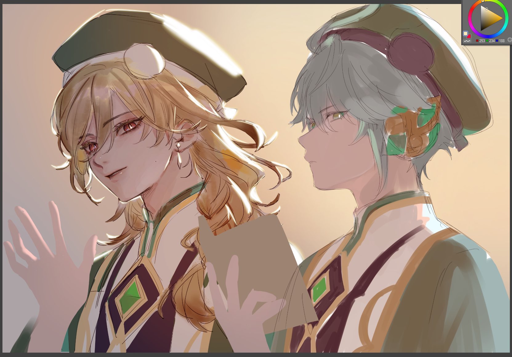 this is a digital illustration of two male anime characters in a closeup shot. the characters are standing close to each other and looking away from the viewer. the character on the left is smiling and has blonde hair, red eyes, and is wearing a green hat. the character on the right has green hair, brown eyes, and is wearing a green hat with a maroon band. they both are wearing light green and yellow shirts. the background is a pale yellow. the image has a soft, painterly feel.