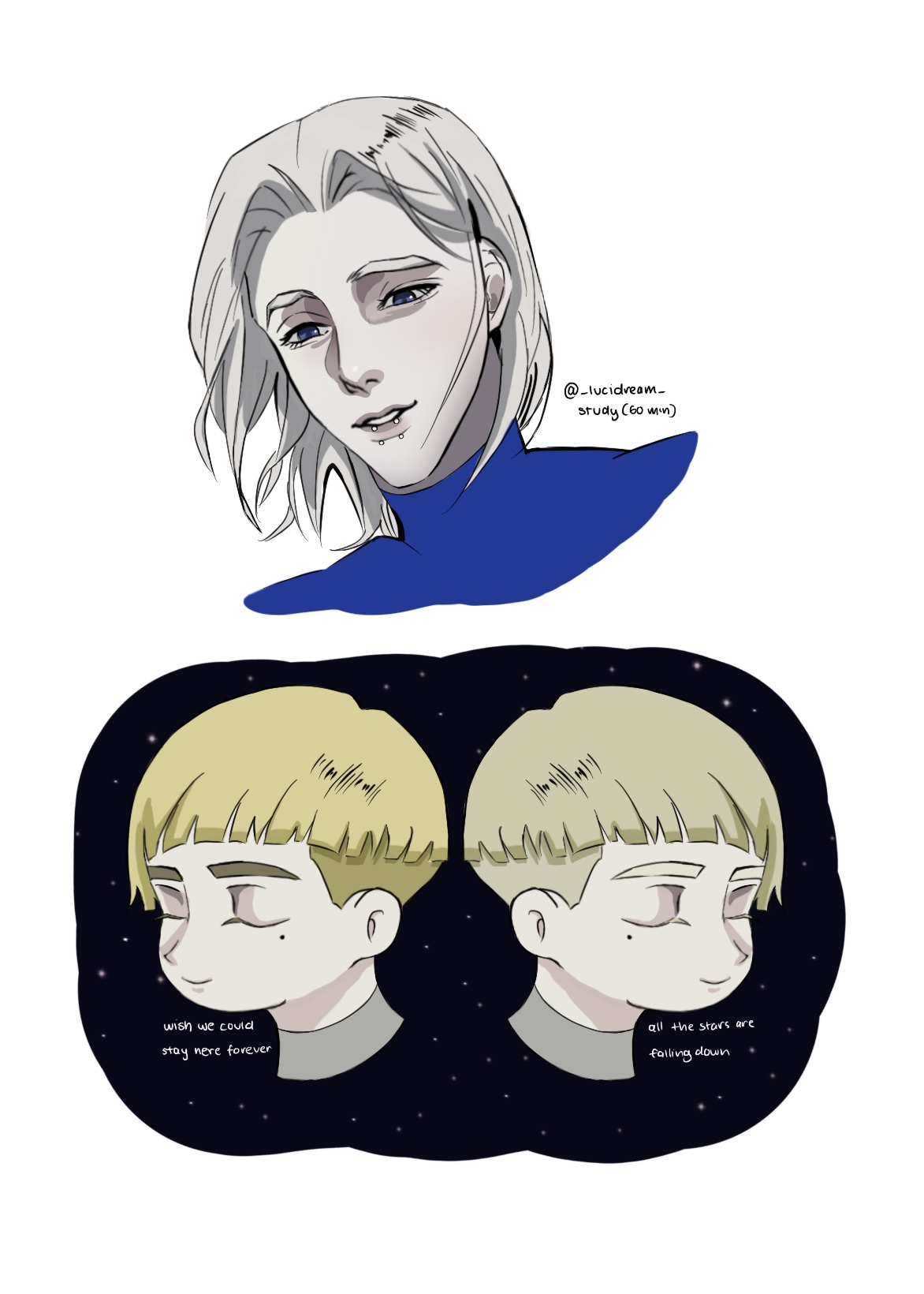 he image contains two separate illustrations. the top illustration features a stylized portrait of a male character with long, light gray hair, wearing a blue turtleneck. he has a somewhat melancholic expression. the bottom illustration shows two chibistyle characters with short, light brown hair, positioned sidebyside against a dark space background with stars.  each chibi character has a slightly different expression, and there's text on either side of them suggesting a theme of longing or sadness.  the style is consistent between the two pieces, suggesting they might be related.