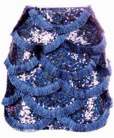 a blue sequin mini skirt with fringe trim. the skirt is short and tightfitting, and it is perfect for a night out. the fringe trim adds a touch of glamour and movement to the skirt.