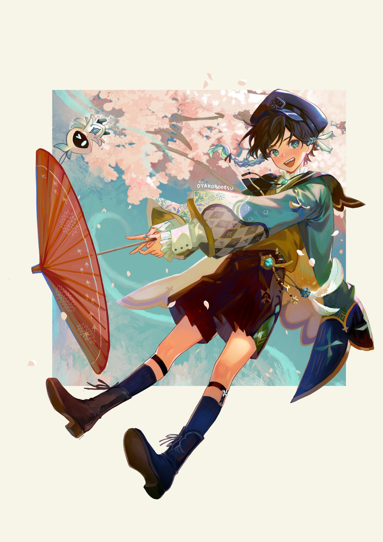 an anime boy with short, dark hair and brown eyes is flying through the air.  he is wearing a blue and green kimono, a brown hat, and brown boots. he is smiling and seems to be having a great time.  there are pink cherry blossoms falling around him.  he is holding a red umbrella, and a small, white creature with a glowing blue eye is flying near him.  the background is a blur of blue and pink, with a few white petals floating in the air.  the artwork is colorful and vibrant, and the character is drawn in a cute and friendly style.