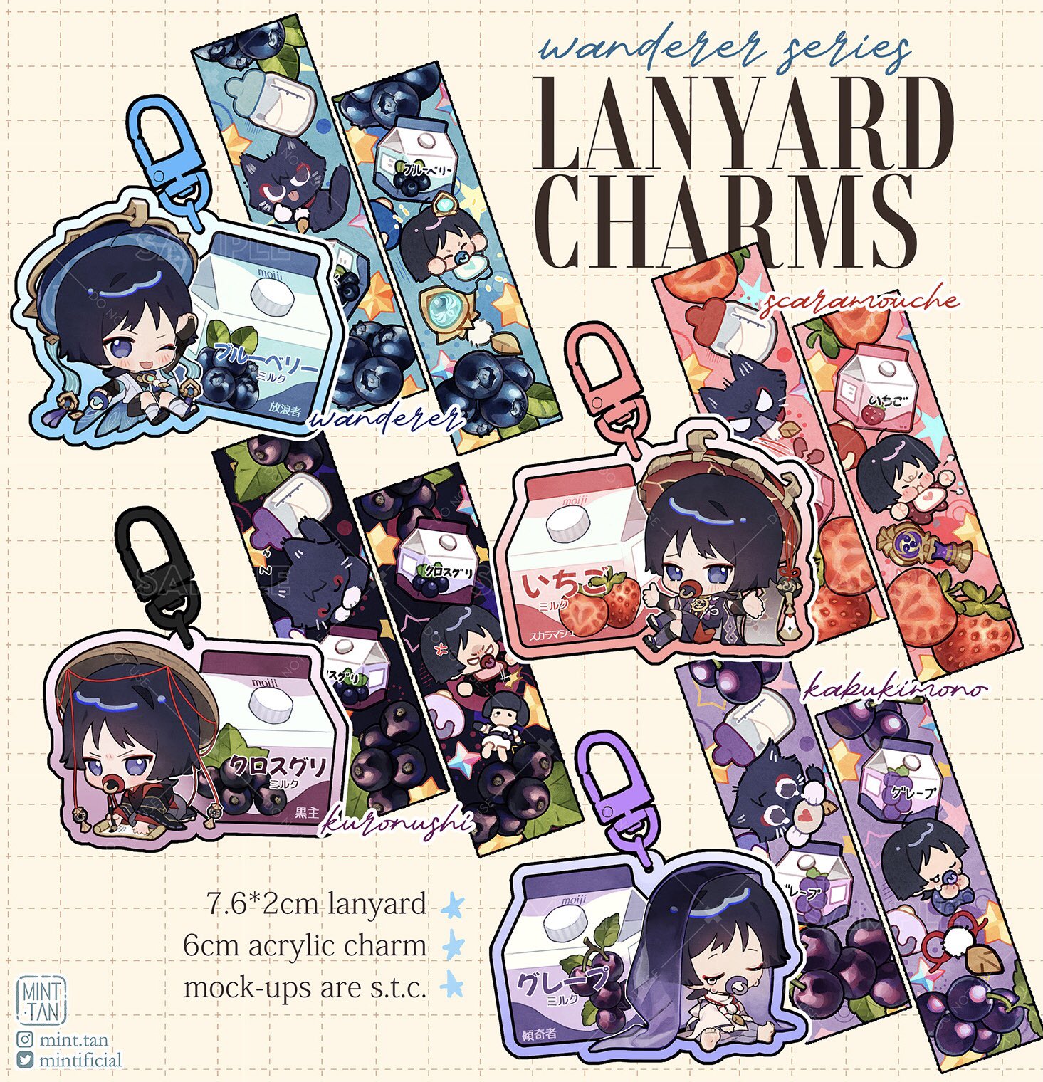 this image showcases a set of six adorable animestyle character charms designed for use as lanyards. each charm features a unique character, each holding a carton of milk. the milk cartons are adorned with various fruits, including blueberries, strawberries, and grapes, reflecting the distinct flavors and themes associated with each character. the charming characters are all depicted with vibrant colors and cute expressions, making them perfect for adding a touch of whimsy and personality to any keychain or accessory.