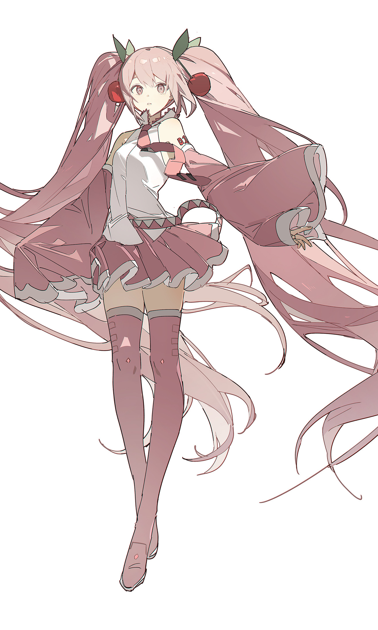 an anime girl with pink hair is wearing a white top, a pink skirt, and long pink boots. she also has cherry accessories on her head.