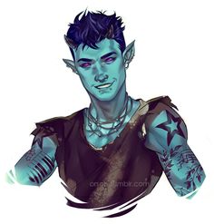 the image shows a bust portrait of a male tiefling with blue skin and short, spiky dark blue hair. he has bright purple eyes and a mischievous smirk. he's wearing a ripped and torn sleeveless shirt and a necklace with a circular pendant. his pointed ears are adorned with small piercings, and he has a tattoo of a star with a torn design on his left arm and intricate linework tattoos on both biceps.