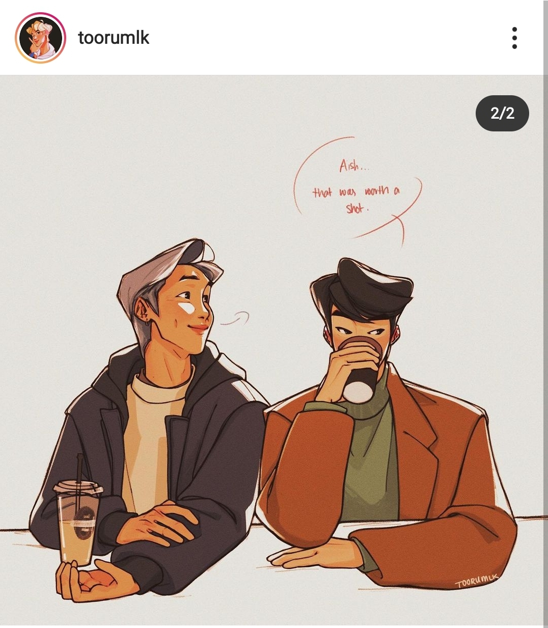 an illustration depicts two cartoon men sitting at a table, drinking coffee. the man on the left wears a dark jacket over a white shirt, and holds a coffee cup. the man on the right wears a brown jacket over a green turtleneck, and is drinking from a darkcolored cup. a speech bubble above them reads "ahh... that was worth a shot." the illustration has a light and casual atmosphere.