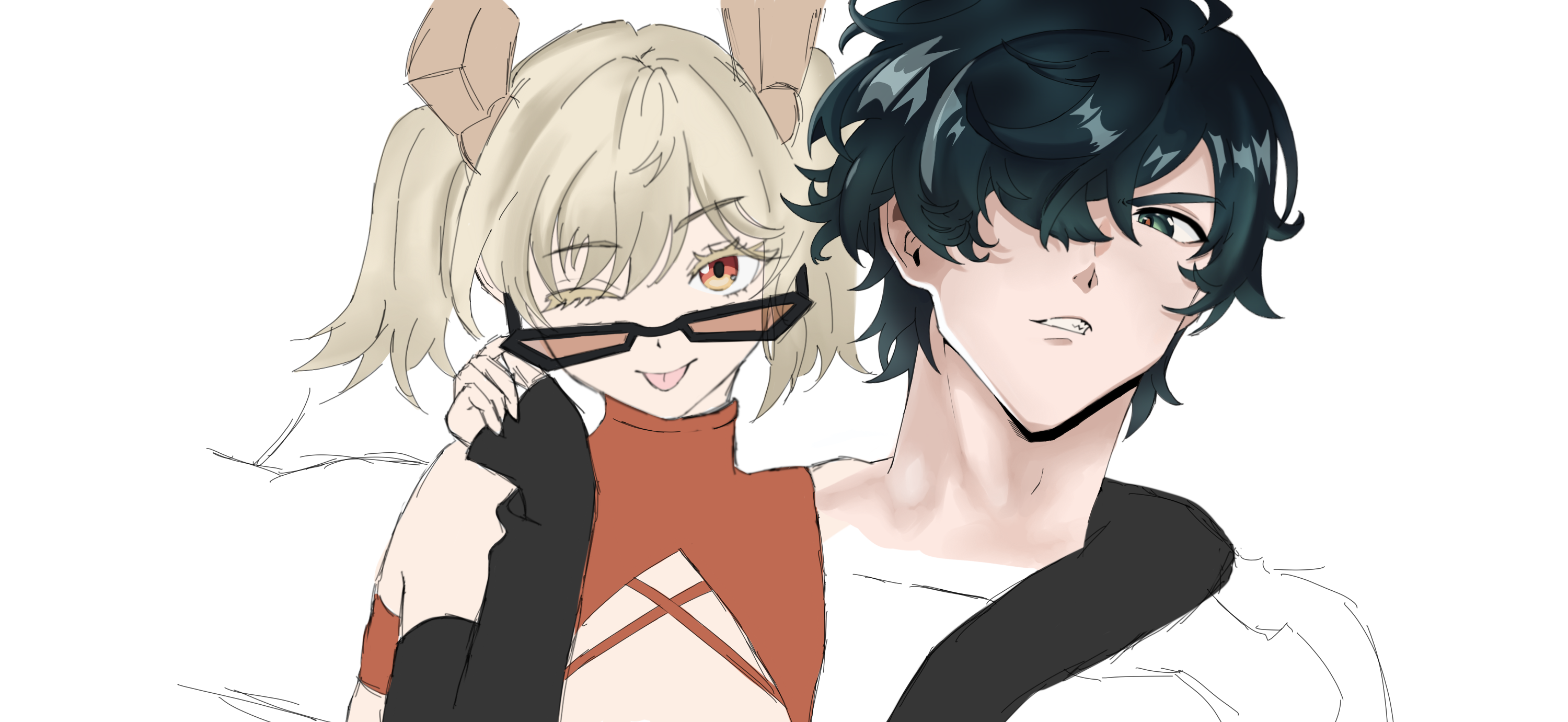 the image is a digital drawing in an anime style depicting a young woman with blonde hair styled in pigtails and a young man with dark teal hair. the woman is wearing an orange top, black fingerless gloves, and sunglasses, and has a playful expression, winking at the viewer. the man is wearing a white shirt and dark jacket.  the artwork appears to be a work in progress, with some areas, like the man's jacket, still unfinished.  the two figures are positioned close together, suggesting a relationship between them.  the art style is loose and expressive.