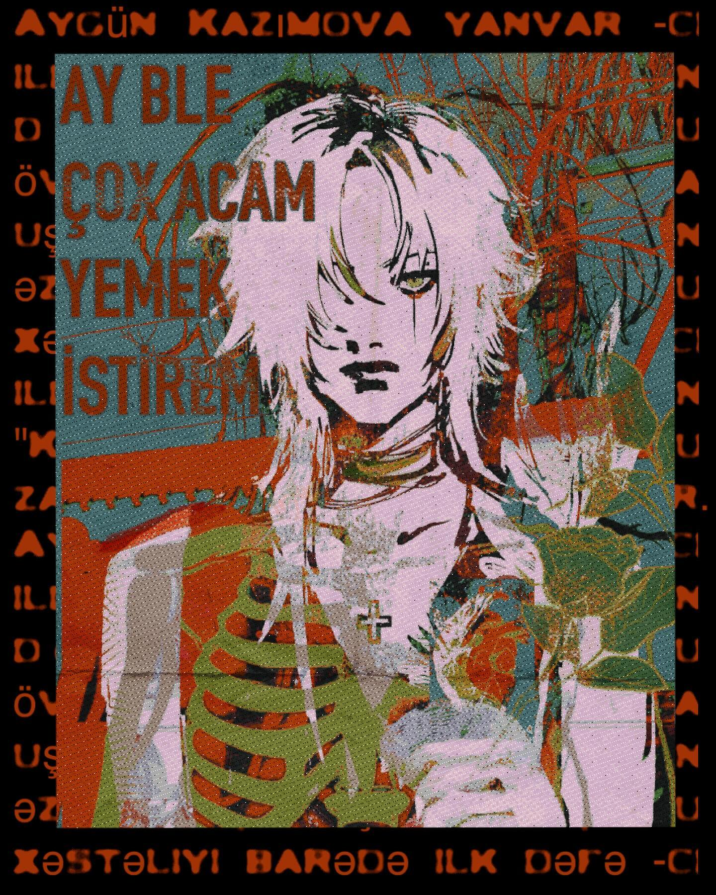 the image is album art for aygün kazımova's album "yanvar". it features a stylized portrait of a female figure with long, white hair, styled in an animeesque manner. the art is a collage of various elements, including grunge textures, abstract shapes, a ribcage motif, a rose, and text in azerbaijani. the overall aesthetic is dark, edgy, and alternative.  the color palette is primarily composed of muted oranges, greens, and pinks. the text elements are prominent and seem to be song titles or lyrics.
