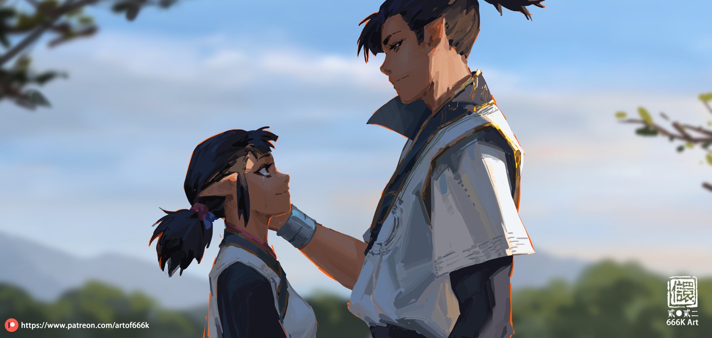 the image is a digital painting in an anime style depicting a young woman with elflike ears and a man standing close to each other. the woman is shorter than the man and has her hair tied up in a ponytail.  they appear to be romantically involved. the man's hand rests gently on the woman's chin, indicating affection. both are wearing clothing that has an east asian aesthetic. they are situated outdoors in a sunny landscape with trees and mountains in the background under a clear blue sky. the overall mood of the image is serene and peaceful.  the artist's signature is visible in the lower right corner.