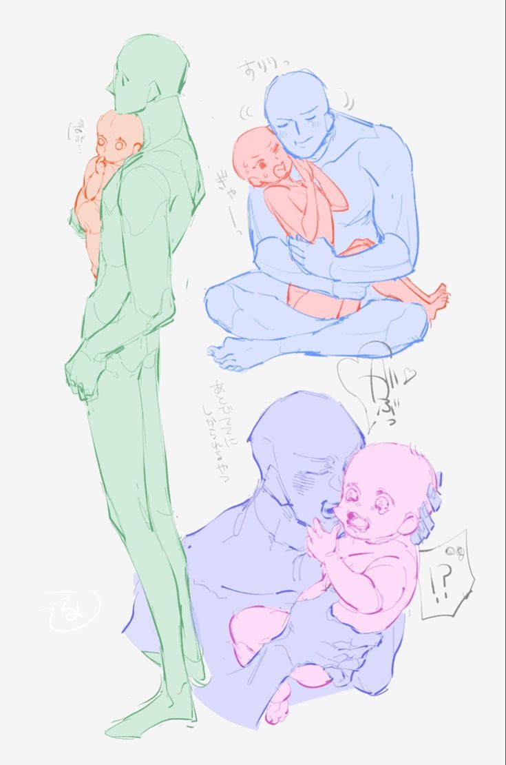 the image is a collection of three sketches of people interacting with babies. the sketches are in a simple, mangastyle, with minimal detail but are clear enough to show the general poses and emotions.the first sketch shows a man holding a baby, the man is leaning down and the baby is nestled against his chest. the second sketch shows a man holding a baby with his arm, the baby is resting on the man's arm and the man is smiling at the baby, the baby is looking up at the man with a slightly nervous expression. the third sketch shows a man holding a baby with both arms, the man is sitting down and the baby is sitting on his lap. the man is looking down at the baby, the baby is crying and the man is looking down at the baby with a concerned expression. the sketches are all drawn in light lines, and the overall style is simple and cute.the sketches are meant to be used as a reference for drawing different types of interactions between parents and children. the sketches can be used by artists and illustrators to create their own unique drawings of parents and children.