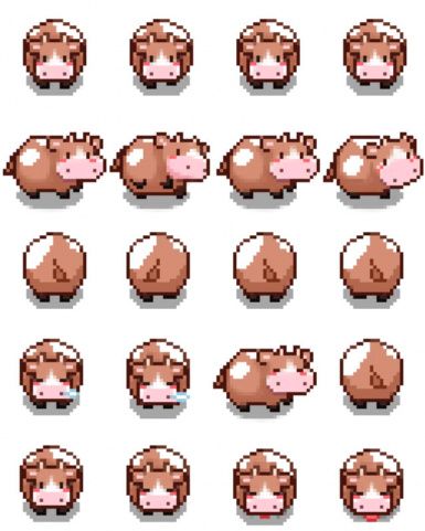 this image is a sprite sheet, designed for use in a game or animation. it features a cute, pixel art style brown and white cow in various poses. these poses include walking (both facing left and right), standing still, and crying. the cow is shown from both a side view and a topdown perspective.  the art style utilizes a limited color palette and flat lighting, contributing to its retro aesthetic.