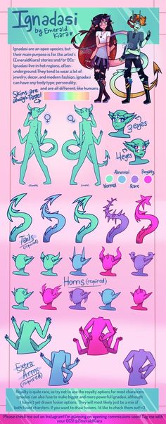 the image is a character design reference sheet for a fictional species called "igrondasi" created by emerald kural. the sheet features two characters, a female and a male, standing next to a dragonlike creature with multiple tails. the sheet provides detailed information on the species' physical characteristics, including their skin patterns, horns, tails, and optional extra arms. it also notes that the species is "open," meaning others are free to create their own characters within the established guidelines.
