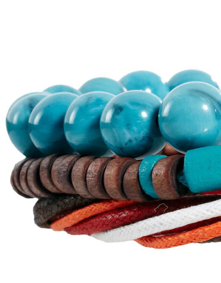 a closeup shot of a colorful bracelet made with turquoise beads, wooden beads, and multicolored cords. the bracelet is arranged in a way that shows the different textures and colors of the materials. the bracelet is set against a white background.