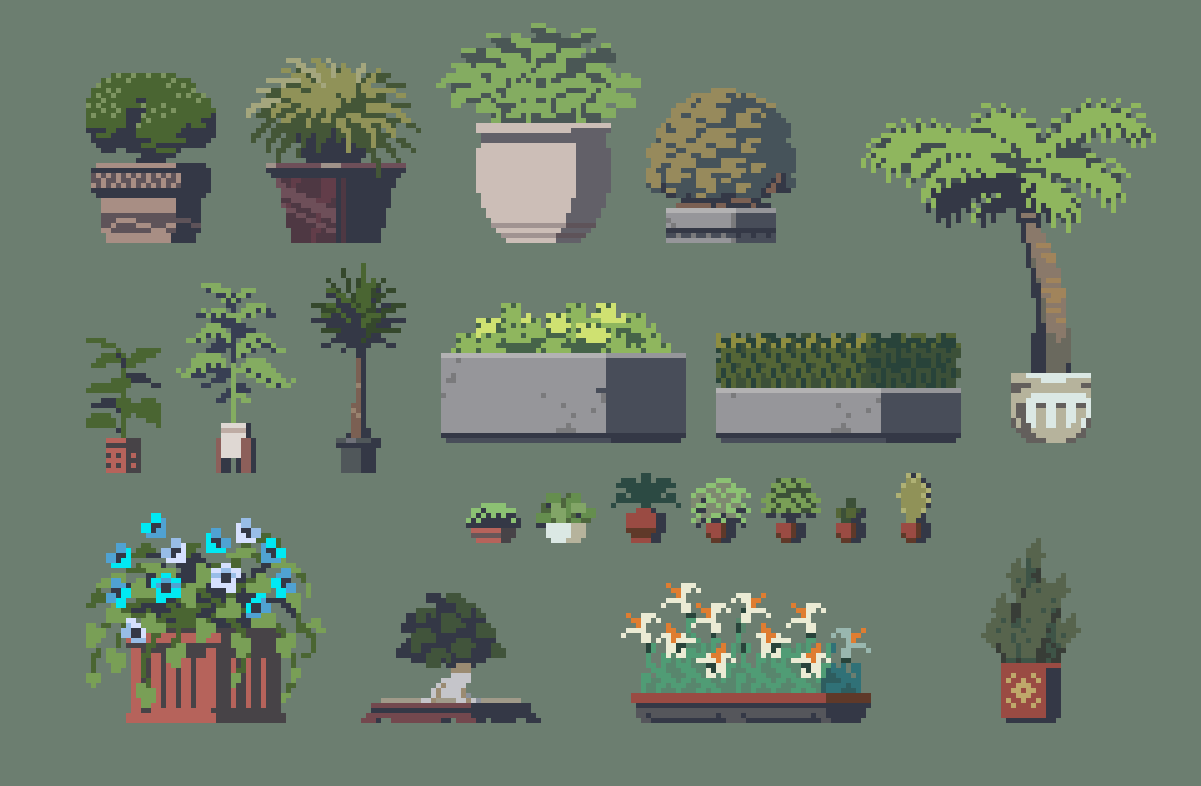 he image showcases a collection of pixel art depicting various plants and trees in pots and planters.  the style is reminiscent of 8bit or 16bit video game graphics.  there's a variety of plants, including bushes, small flowering plants, larger potted plants, bonsai trees, and a palm tree.  the plants are arranged in a gridlike fashion against a muted green background.  the pots and planters are also diverse in style and color. the overall aesthetic is simple yet charming.