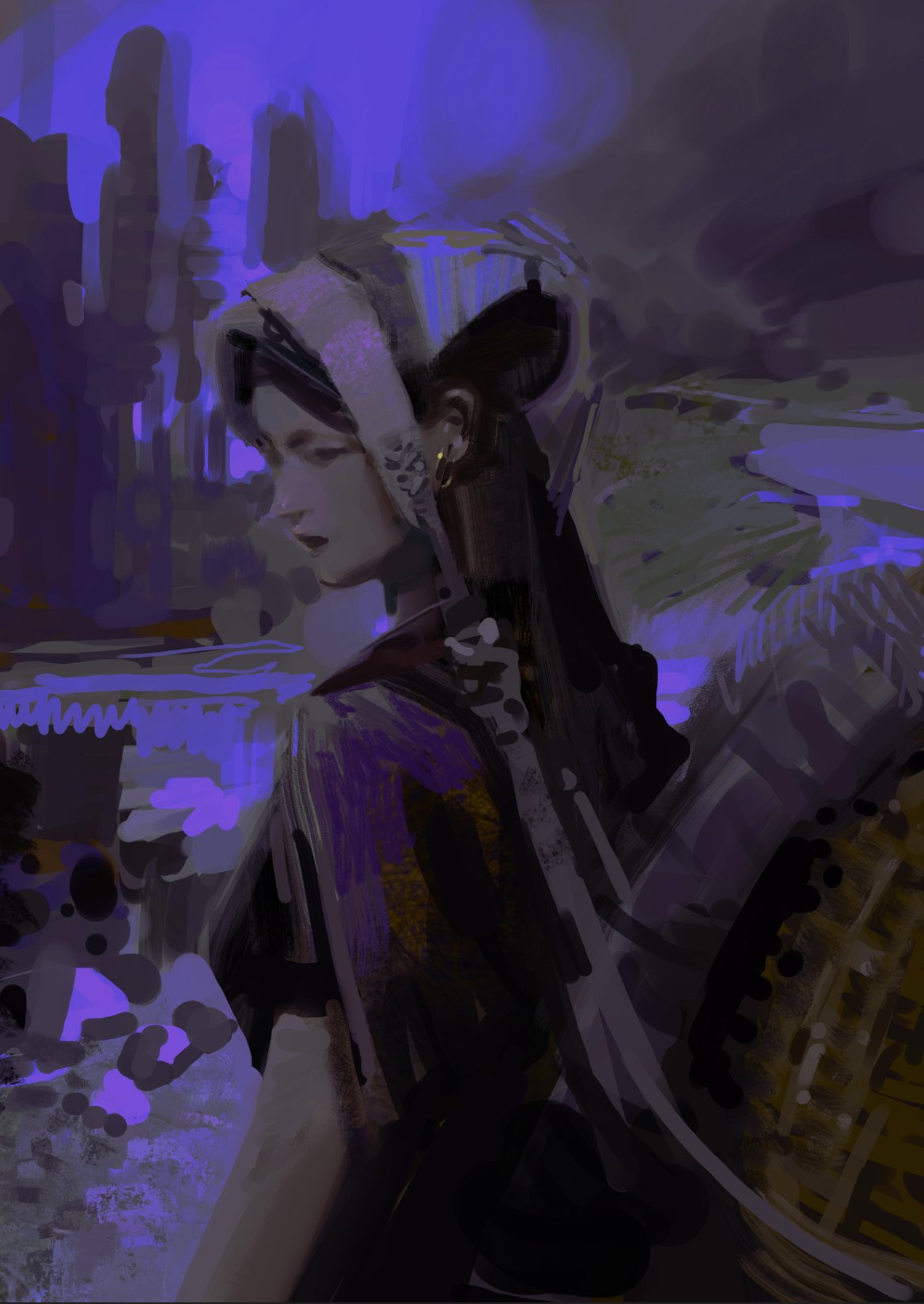a mysterious woman with a hooded cloak is depicted in a dark and fantastical setting. the purple and blue hues create a moody atmosphere, while the city in the background suggests an urban environment. the woman's expression is both alluring and enigmatic. the artwork is rendered in a digital style, with bold strokes and dramatic lighting.