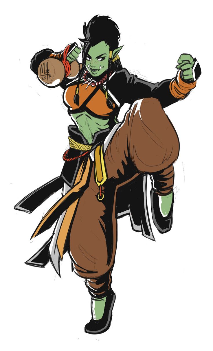 a female orc wearing a black jacket, orange and yellow clothing, and brown pants with green shoes is in a fighting stance with a large fist raised high. the background is white.