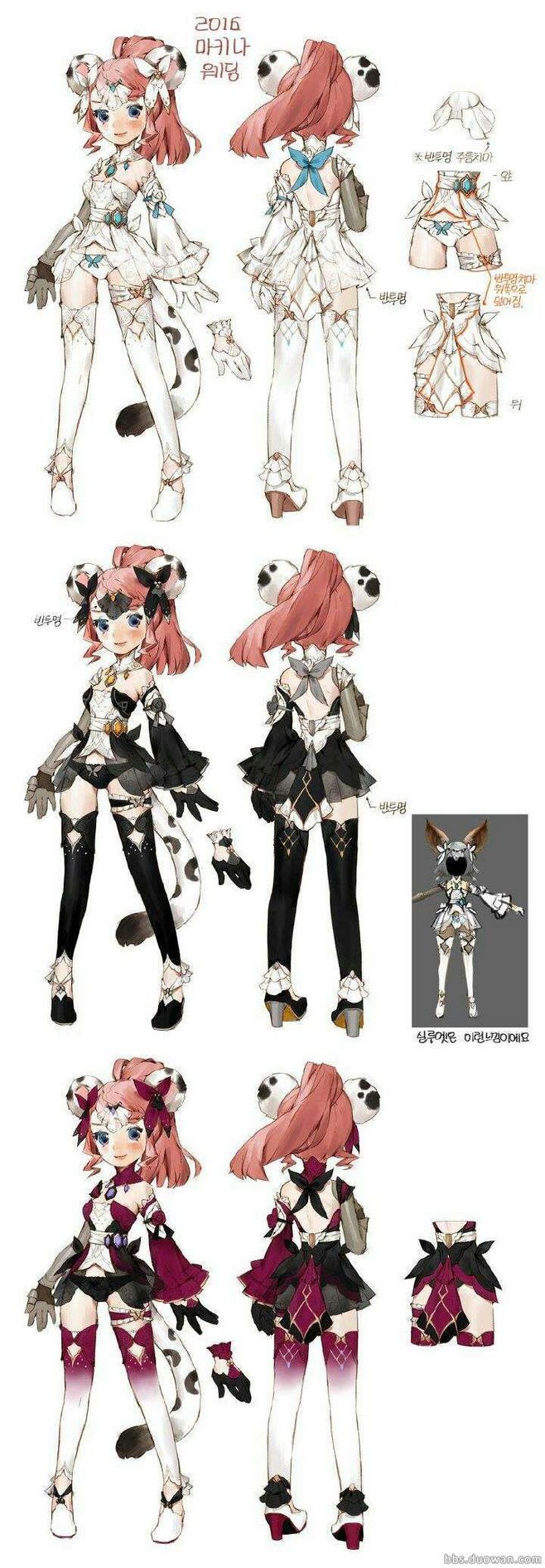 this is a character design sheet for an anime girl. the sheet shows the character in different poses and outfits. the character is wearing a white dress with black spots, a black dress with white spots, and a red dress with black spots. the character also has cowlike ears and a tail.