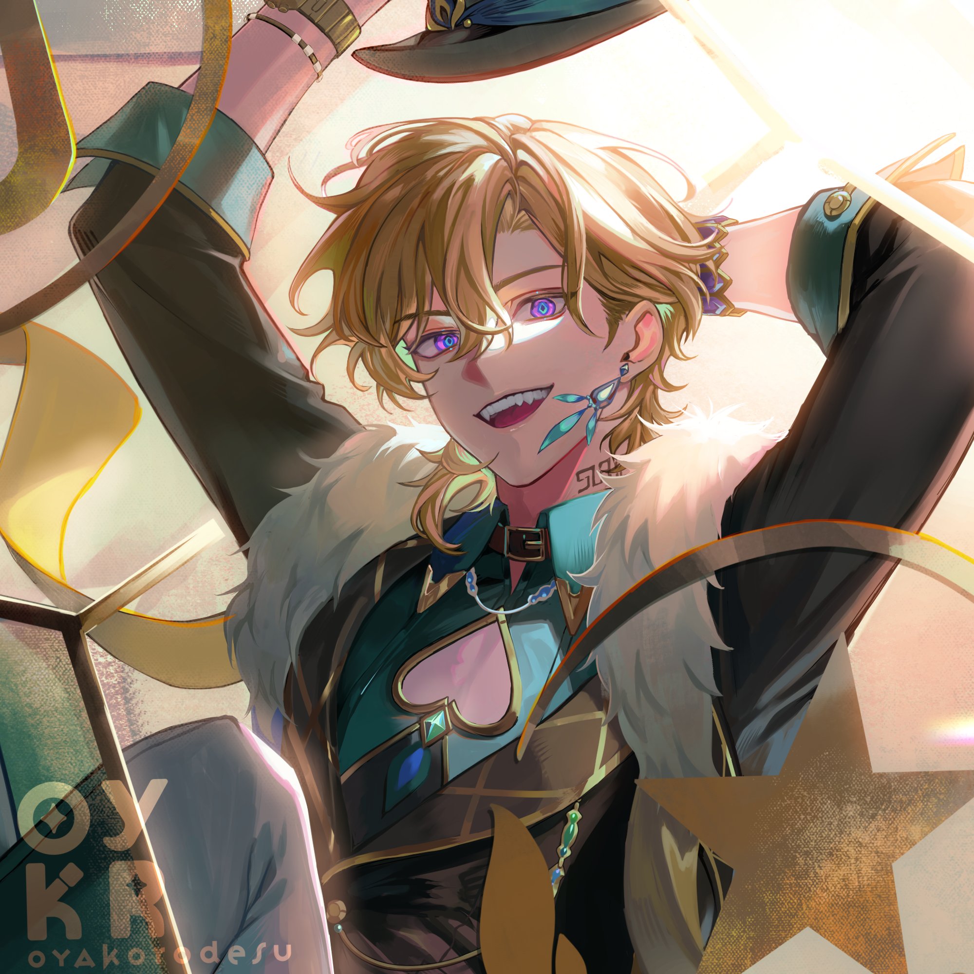 the image is a digital illustration of an animestyle male character with blond hair, purple eyes, and a charming smile. he's dressed in a stylish outfit with a fur collar, a necklace, and  a hat. the background is a golden  with stars. the character is posed in a relaxed,  confident manner,  suggesting a playful or charismatic personality.