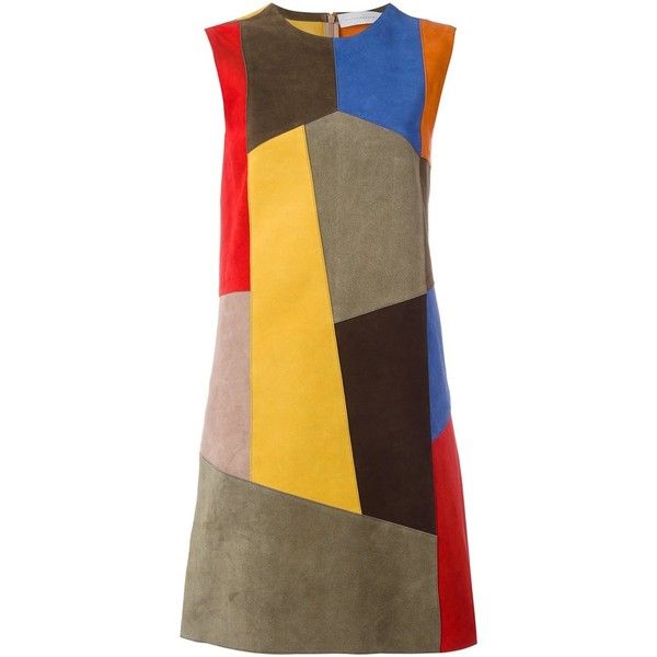 a sleeveless midi dress made with a patchwork design of multicolored suede pieces.
